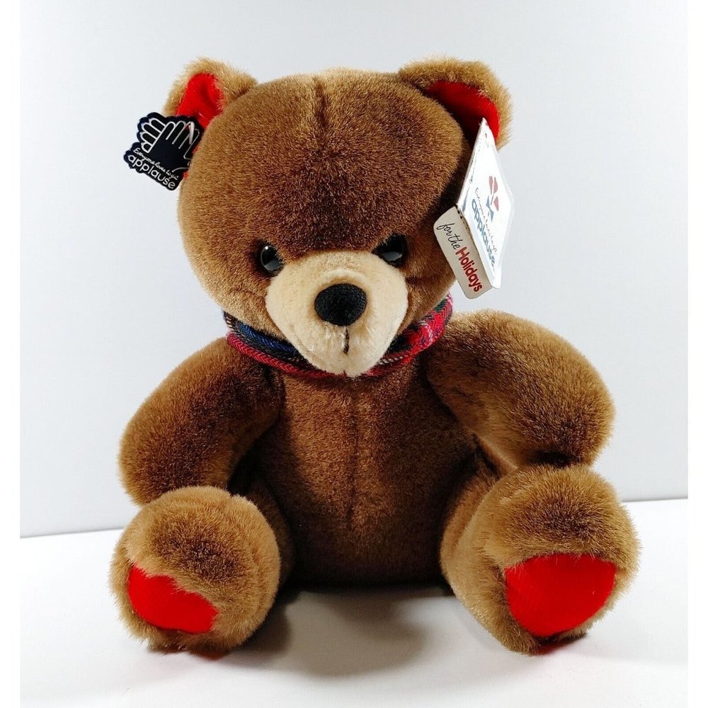 Applause Jingles Bear #3833 Plush w/Plaid Scarf 10" Corduroy Ears Vintage 1985